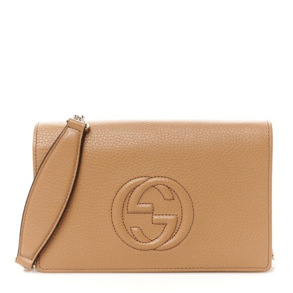 AUTH GUCCI Pebbled Calfskin Soho Wallet On Chain Camelia - Picture 2 of 12